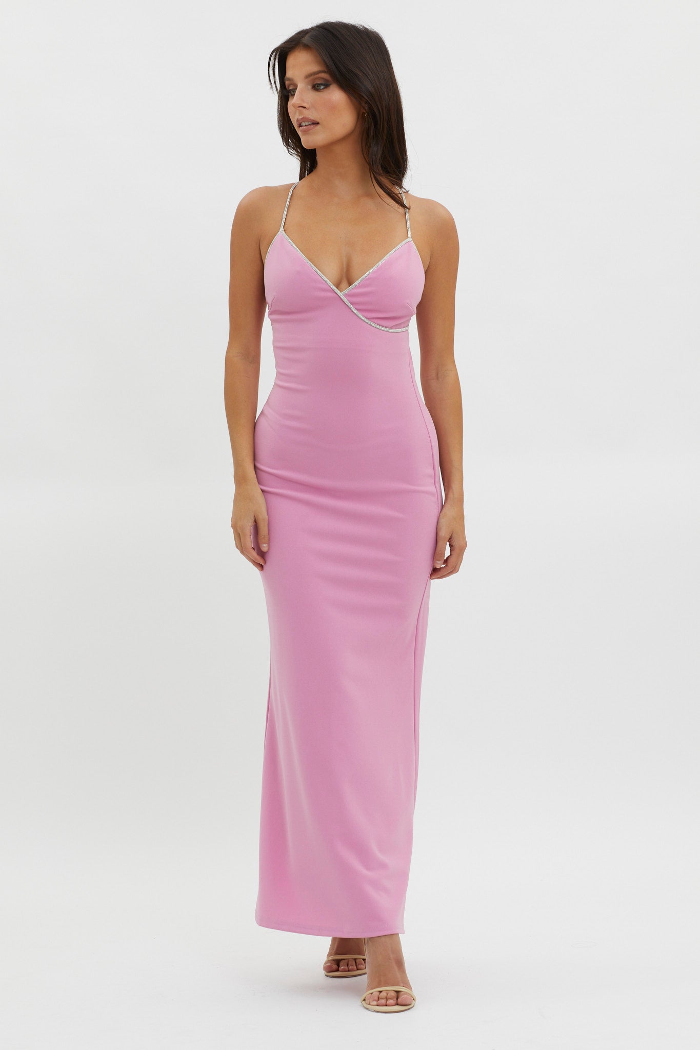 Harleigh Diamante Strap Tied Back Dress Pink-Maymioy