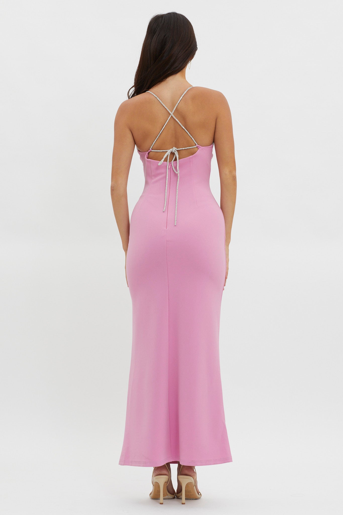 Harleigh Diamante Strap Tied Back Dress Pink-Maymioy