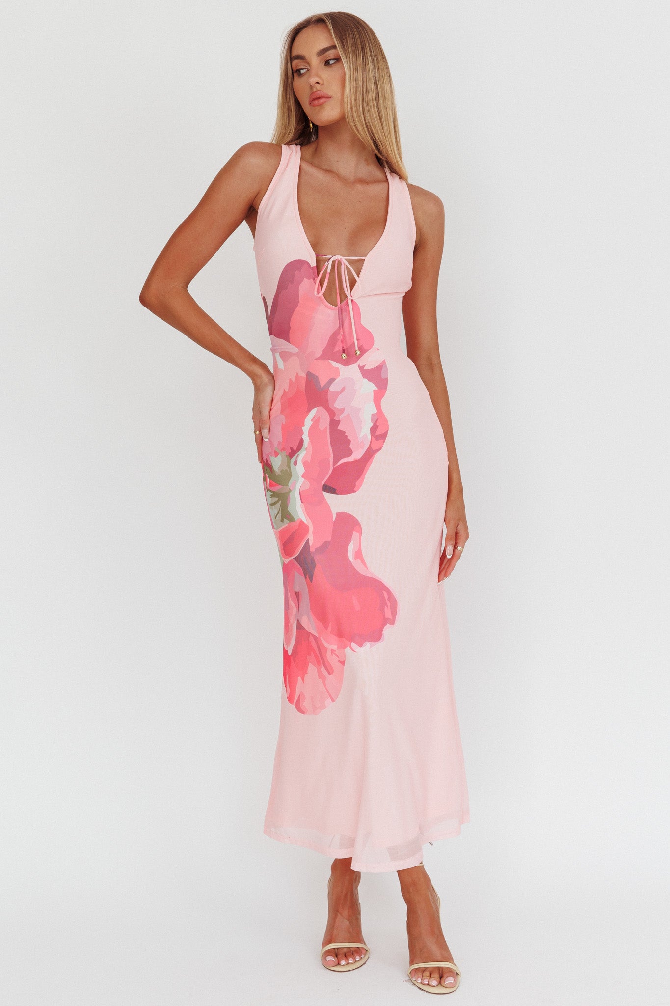 Cinders Tied Plunging Neckline Maxi Dress Flower Pink-Maymioy