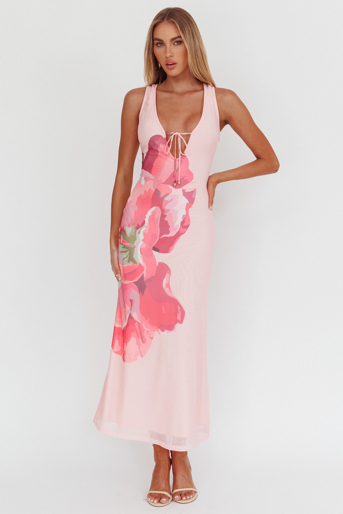 Cinders Tied Plunging Neckline Maxi Dress Flower Pink-Maymioy