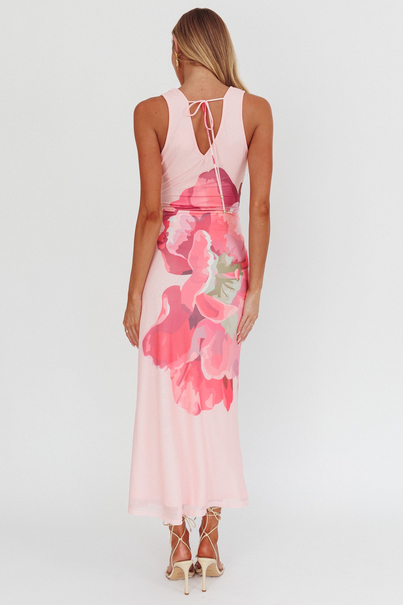 Cinders Tied Plunging Neckline Maxi Dress Flower Pink-Maymioy