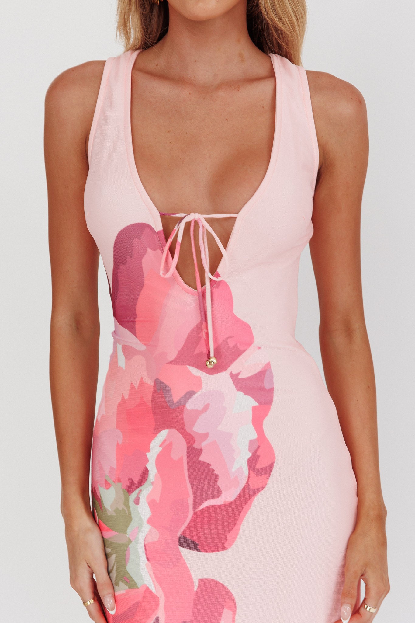 Cinders Tied Plunging Neckline Maxi Dress Flower Pink-Maymioy