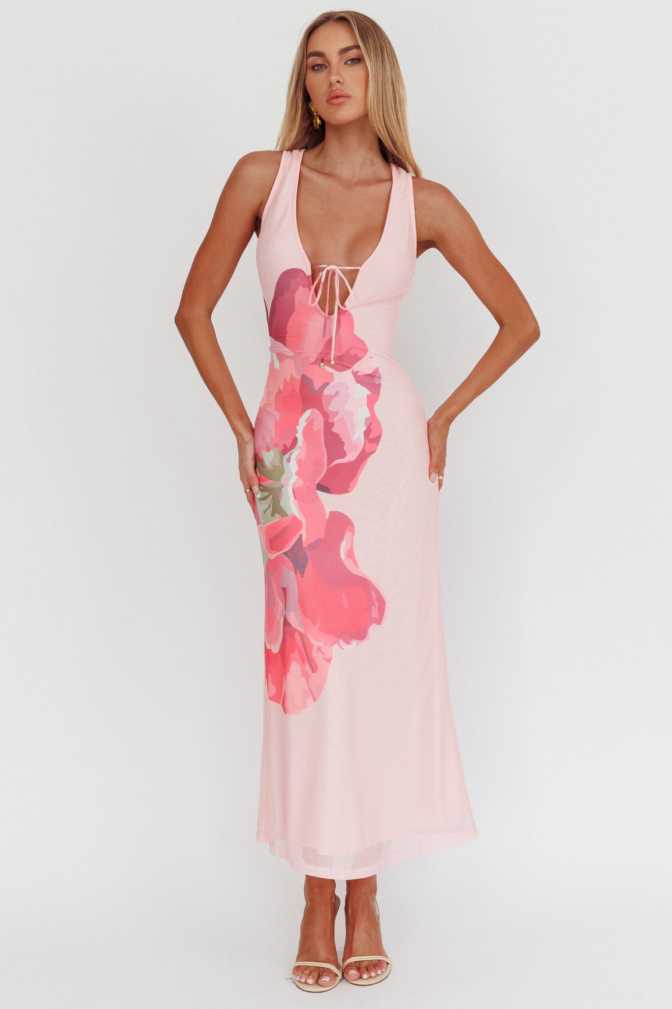 Cinders Tied Plunging Neckline Maxi Dress Flower Pink-Maymioy