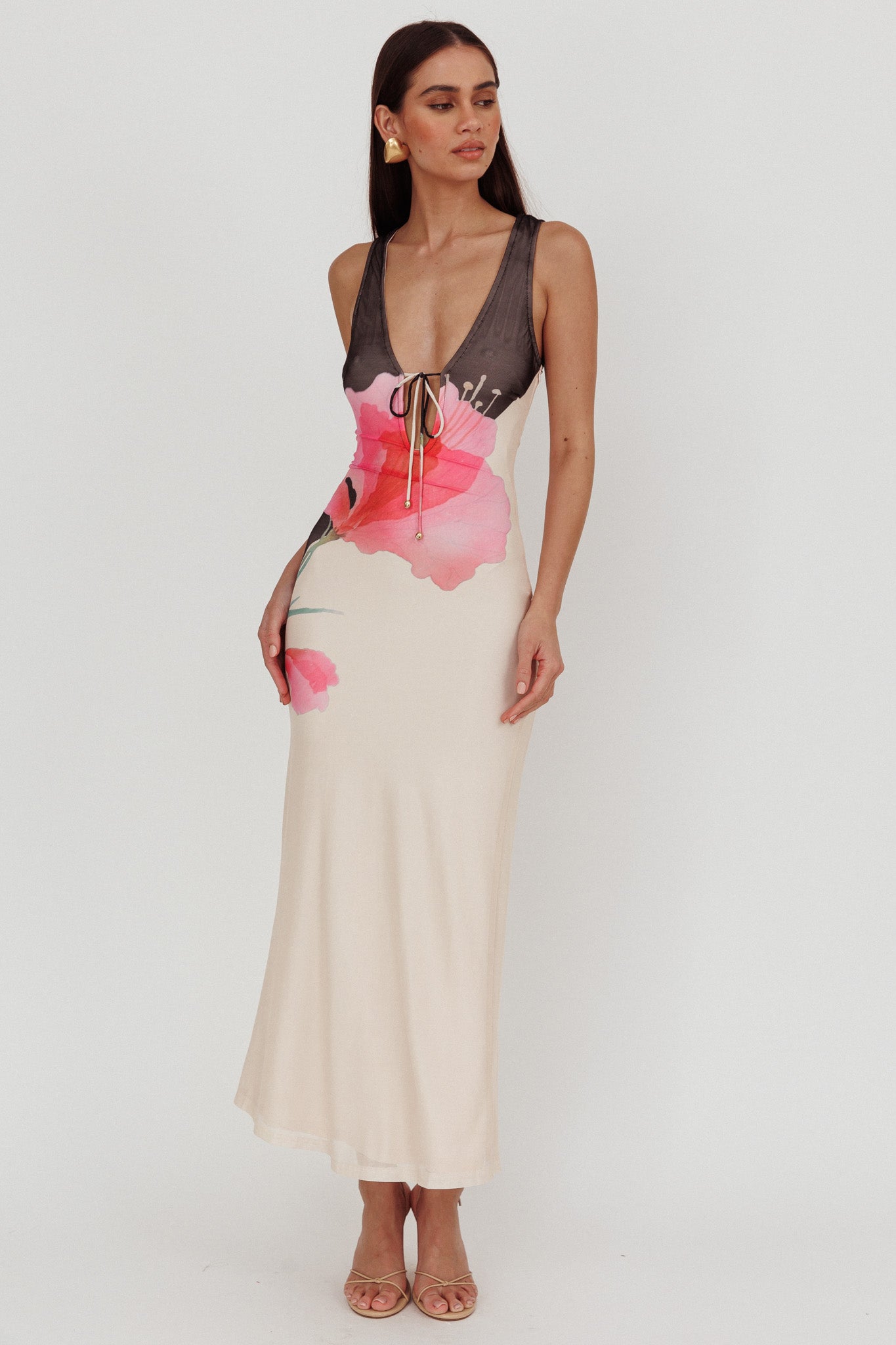 Cinders Tied Plunging Neckline Maxi Dress Flower Black-Maymioy