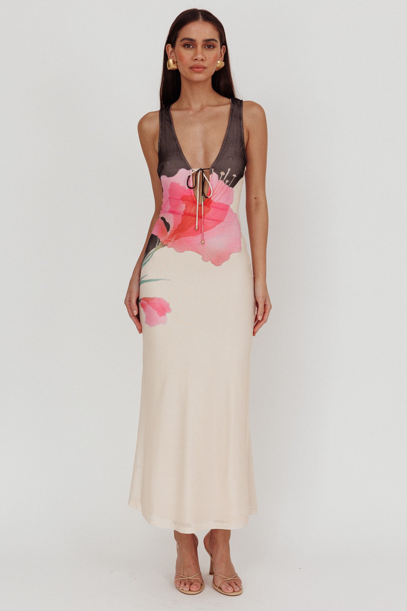 Cinders Tied Plunging Neckline Maxi Dress Flower Black-Maymioy