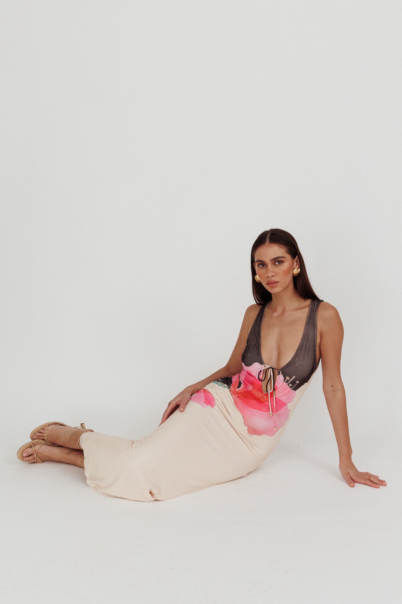 Cinders Tied Plunging Neckline Maxi Dress Flower Black-Maymioy