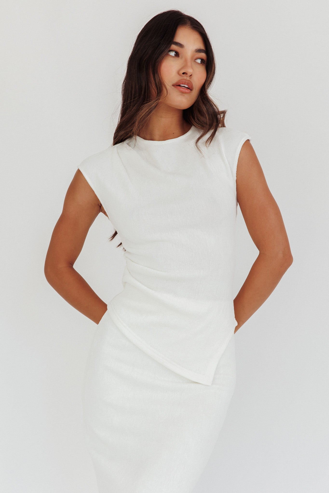 Calculated Cap Sleeve Ribbed Knit Top White-Maymioy
