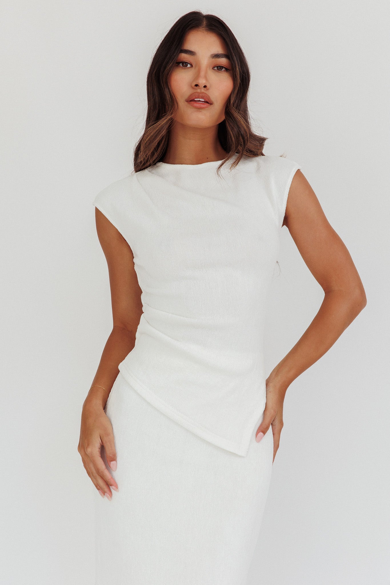 Calculated Cap Sleeve Ribbed Knit Top White-Maymioy