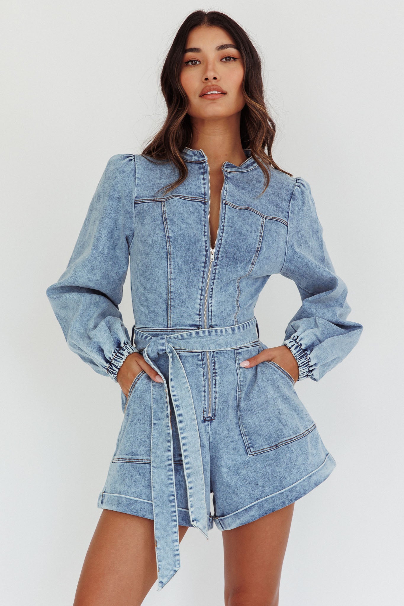 Real World Zip Front Romper Denim Blue-Maymioy