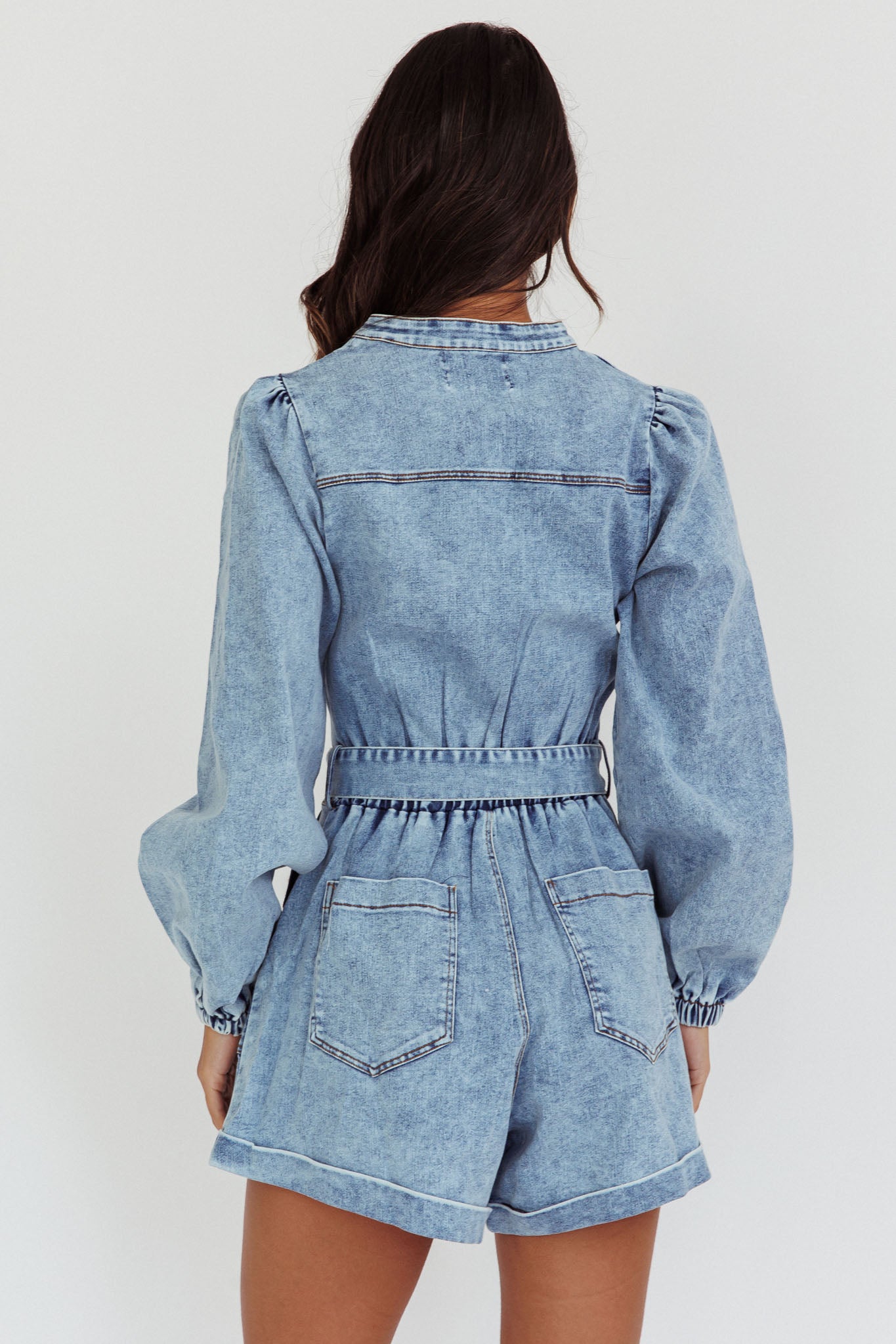 Real World Zip Front Romper Denim Blue-Maymioy