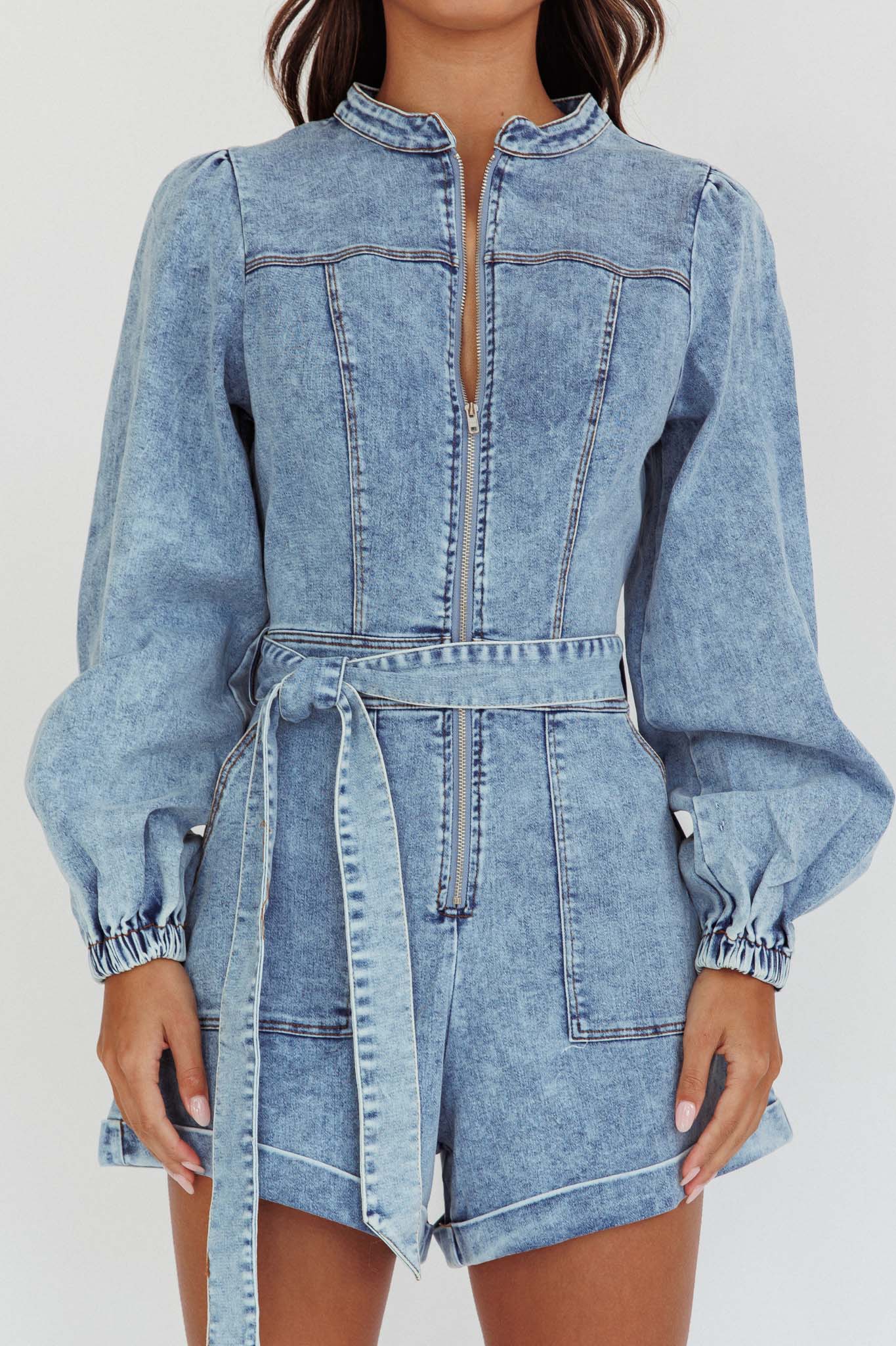 Real World Zip Front Romper Denim Blue-Maymioy