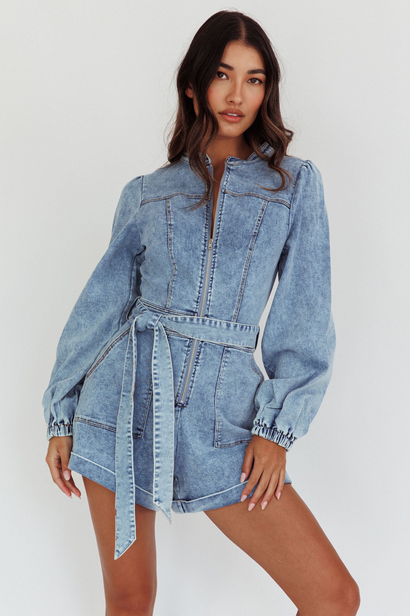 Real World Zip Front Romper Denim Blue-Maymioy