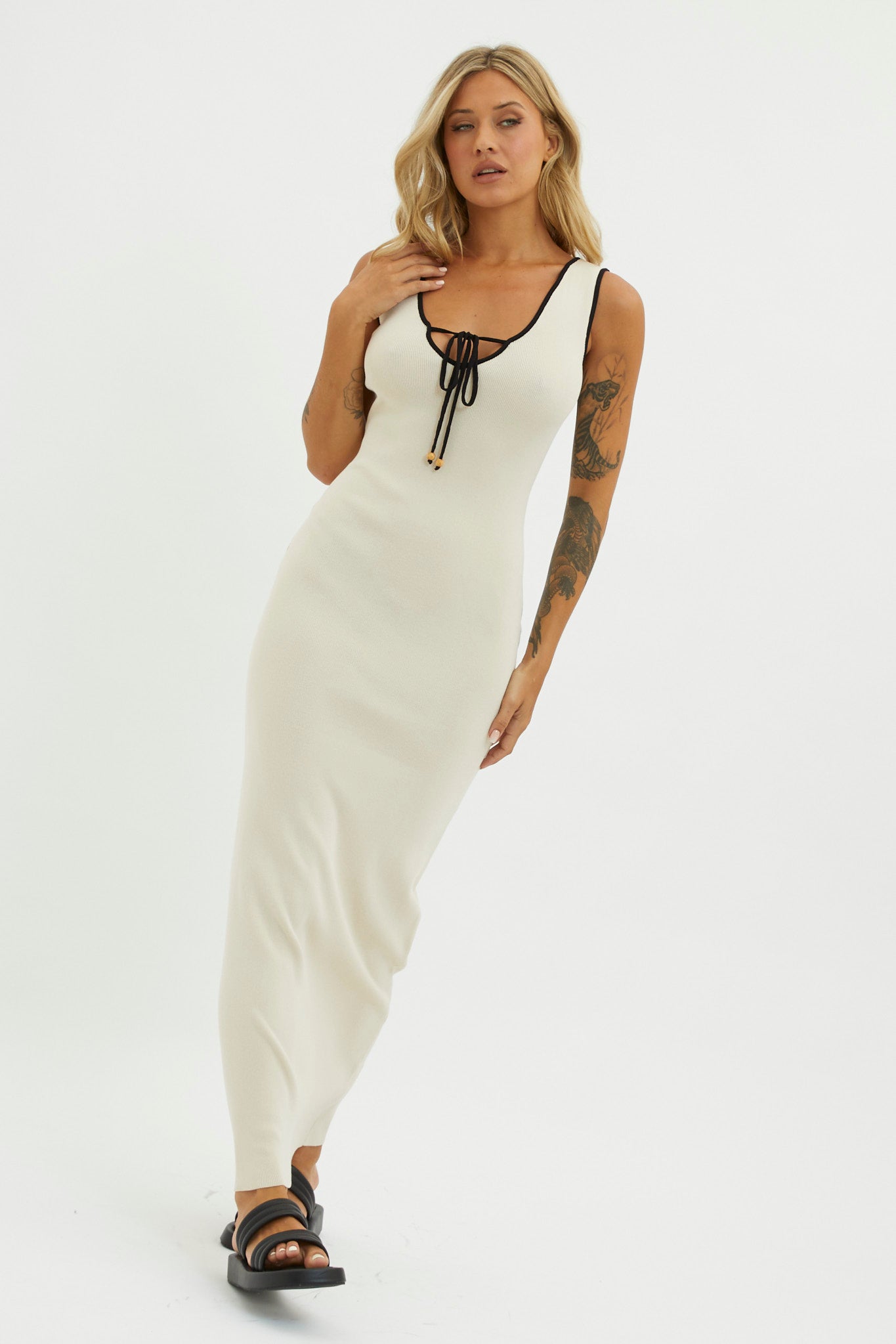 Karyssa Tied Bust Knit Maxi Dress Sand-Maymioy