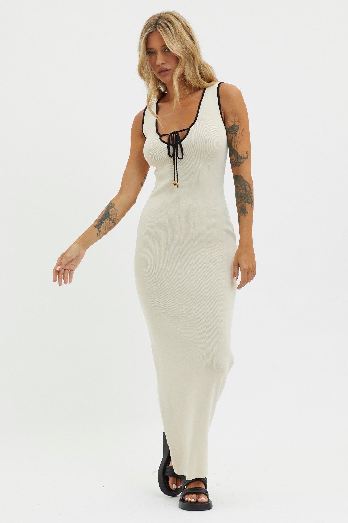 Karyssa Tied Bust Knit Maxi Dress Sand-Maymioy