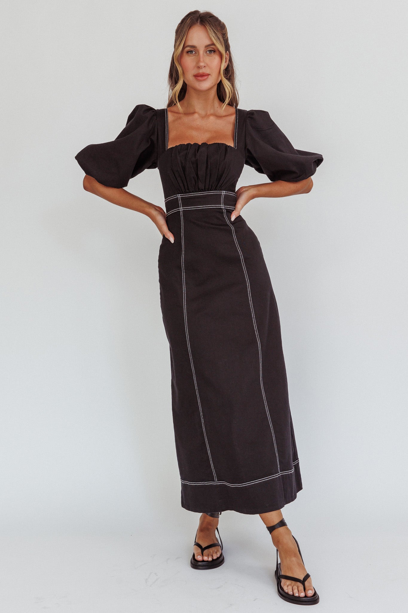 Sibille Puff Sleeve Contrast Stitch Dress Black-Maymioy