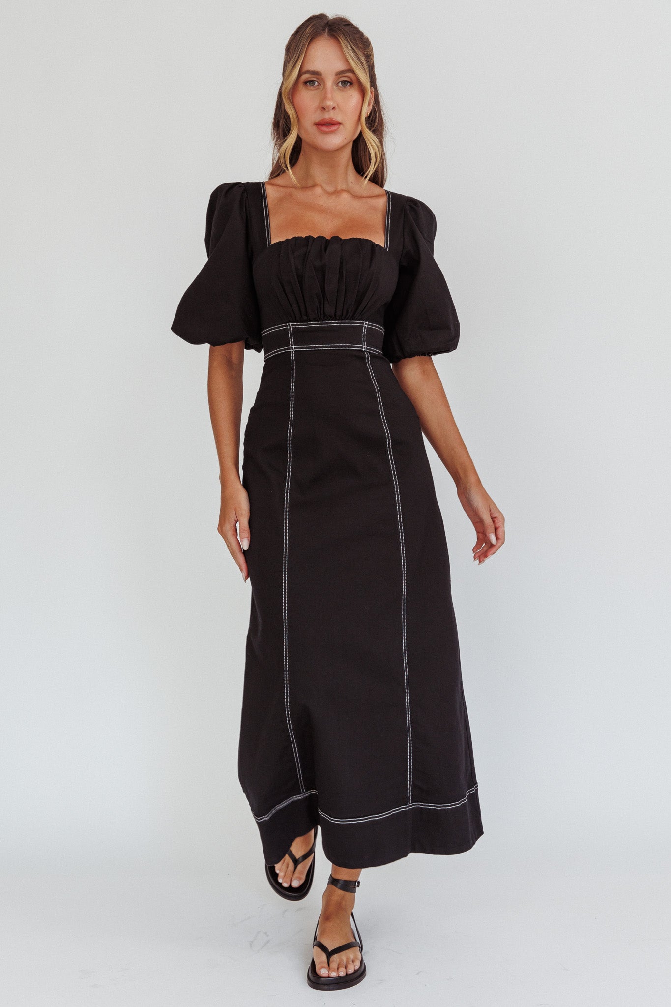 Sibille Puff Sleeve Contrast Stitch Dress Black-Maymioy