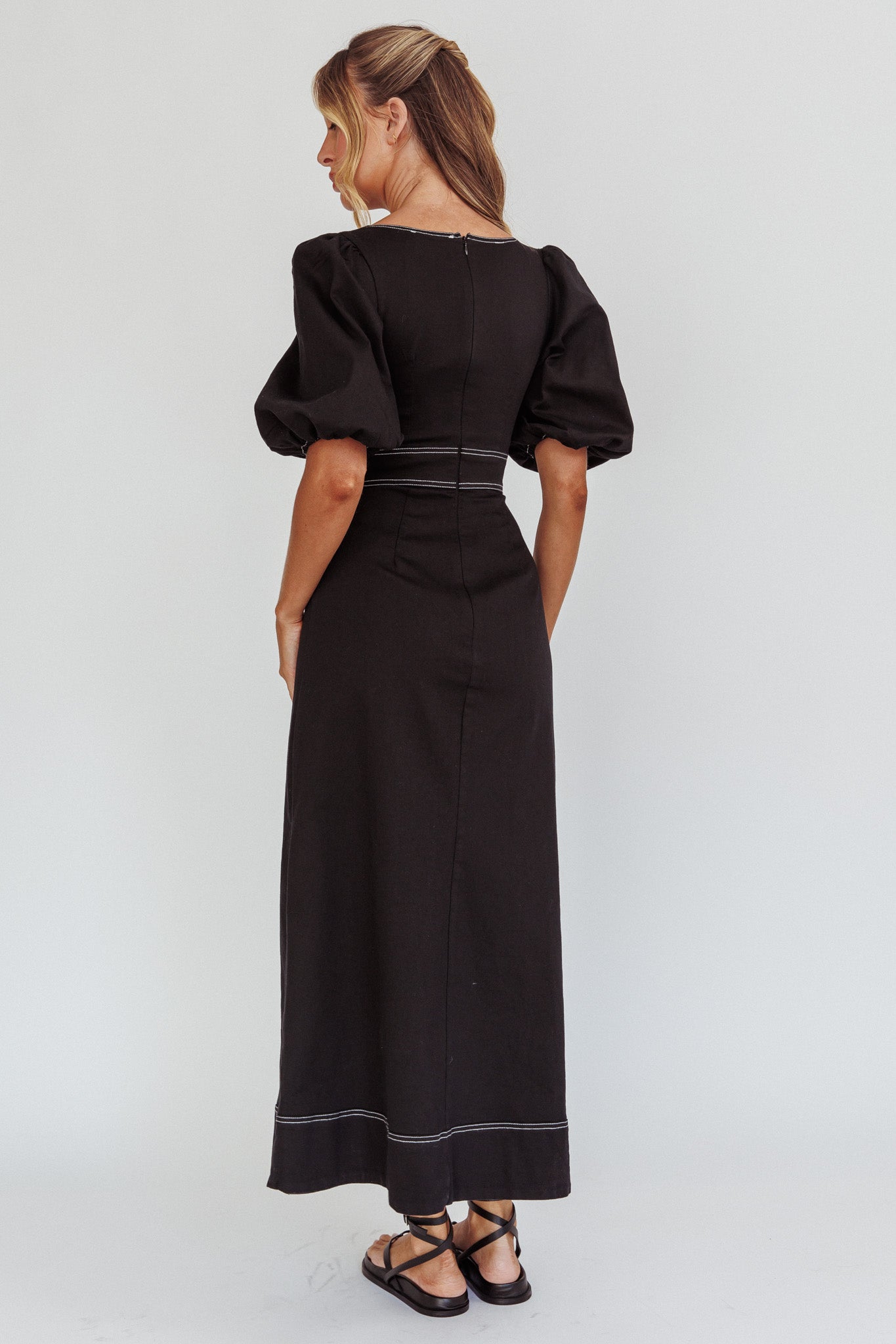 Sibille Puff Sleeve Contrast Stitch Dress Black-Maymioy