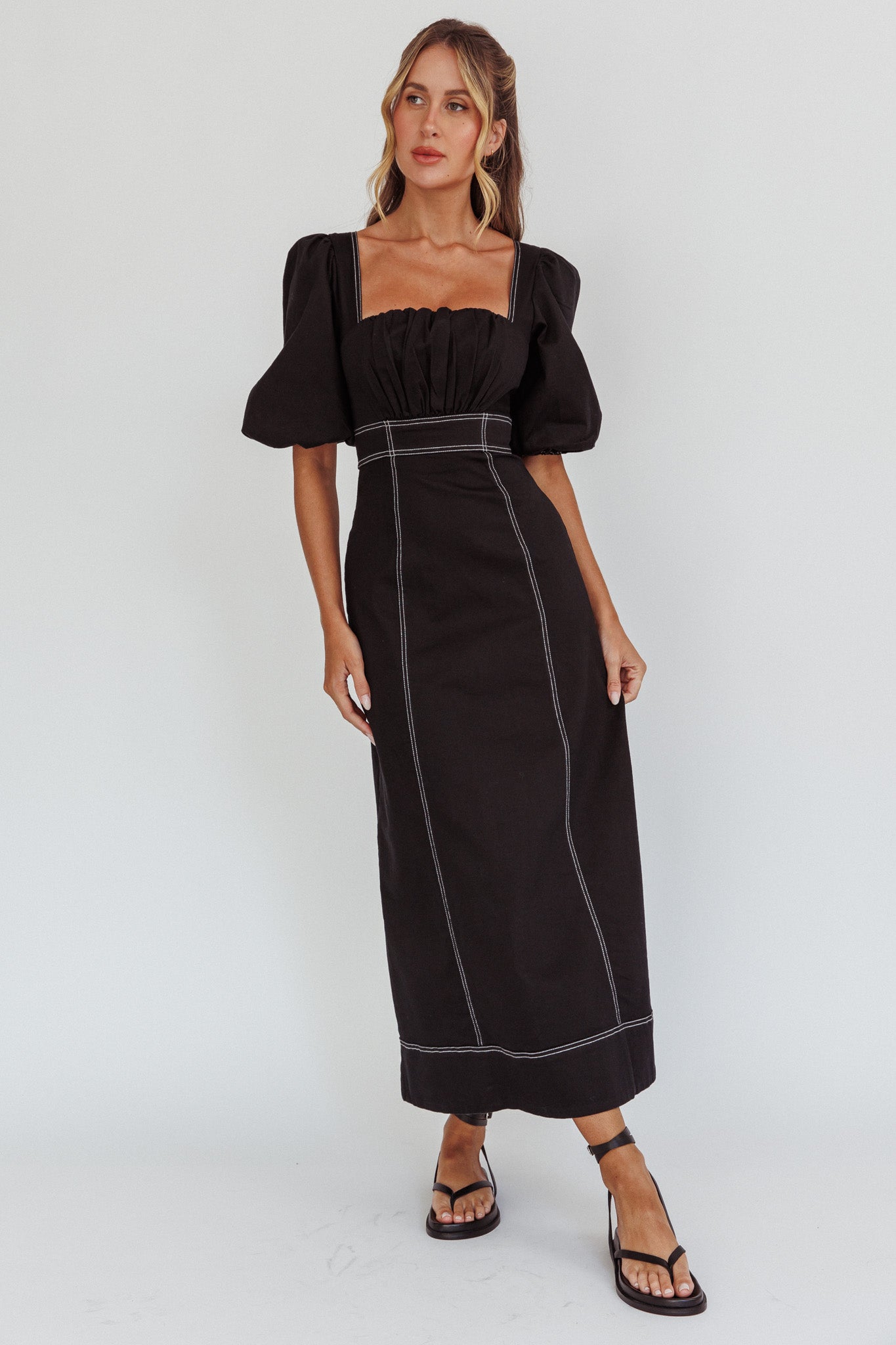 Sibille Puff Sleeve Contrast Stitch Dress Black-Maymioy