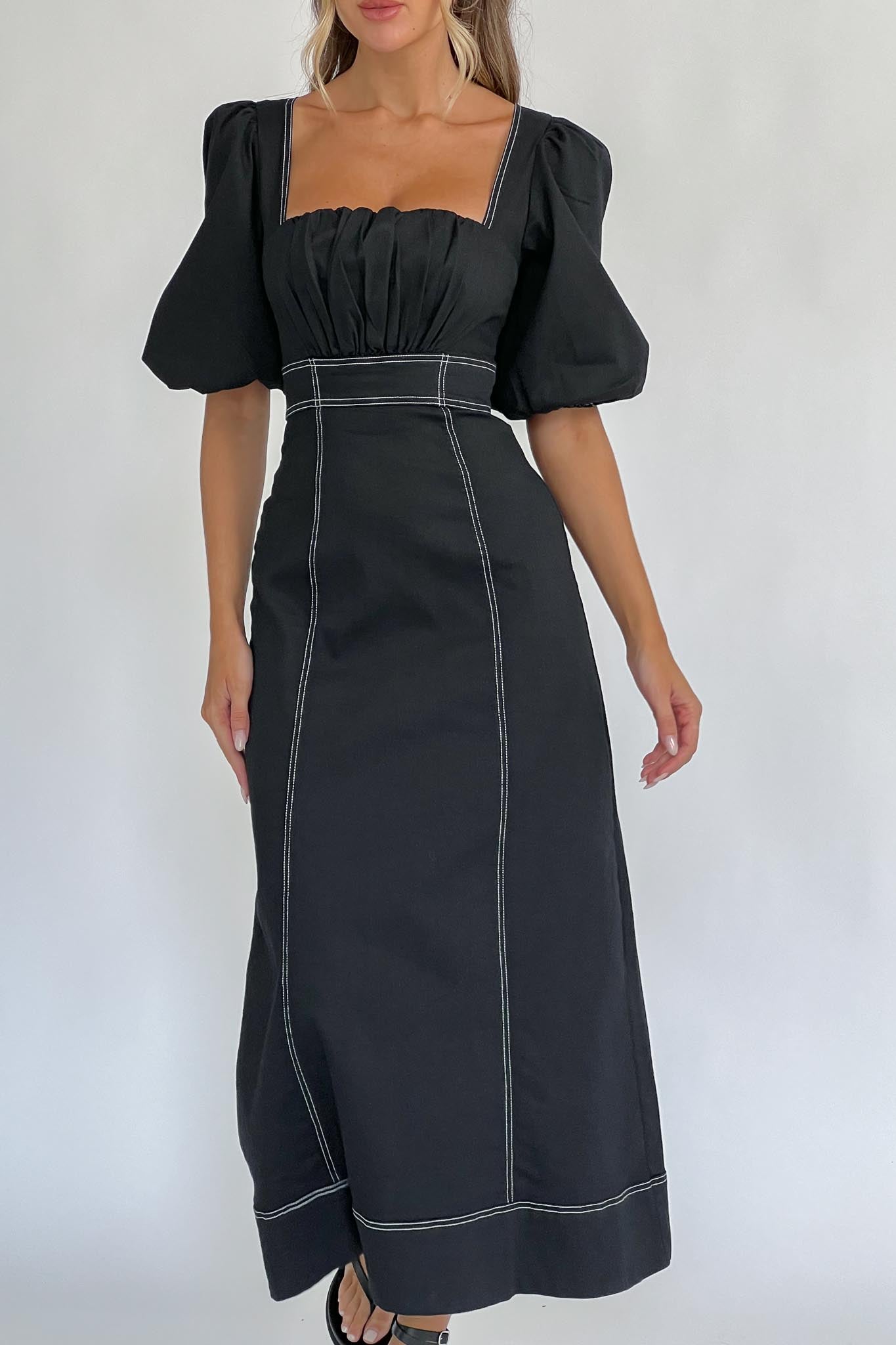 Sibille Puff Sleeve Contrast Stitch Dress Black-Maymioy