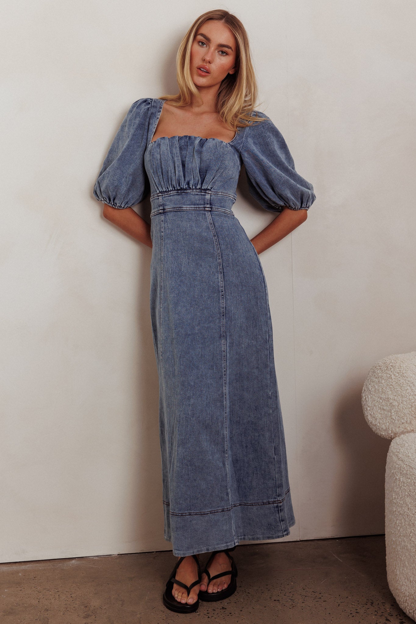 Sibille Puff Sleeve Maxi Dress Denim Blue-Maymioy