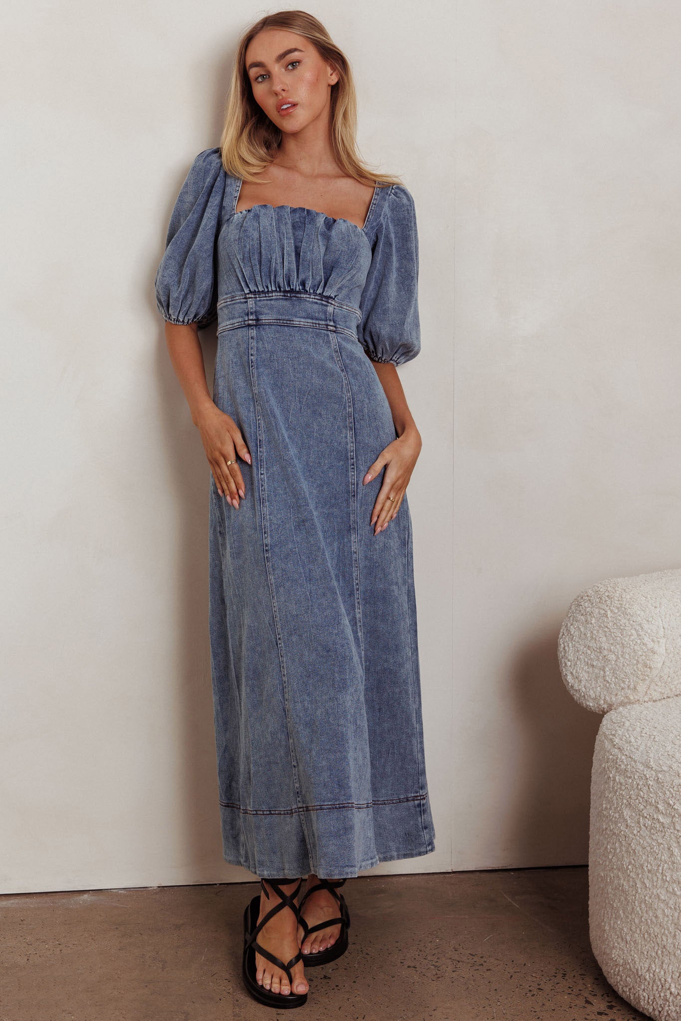 Sibille Puff Sleeve Maxi Dress Denim Blue-Maymioy