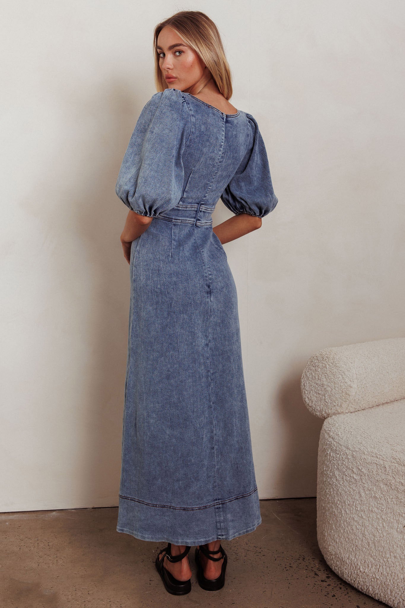 Sibille Puff Sleeve Maxi Dress Denim Blue-Maymioy