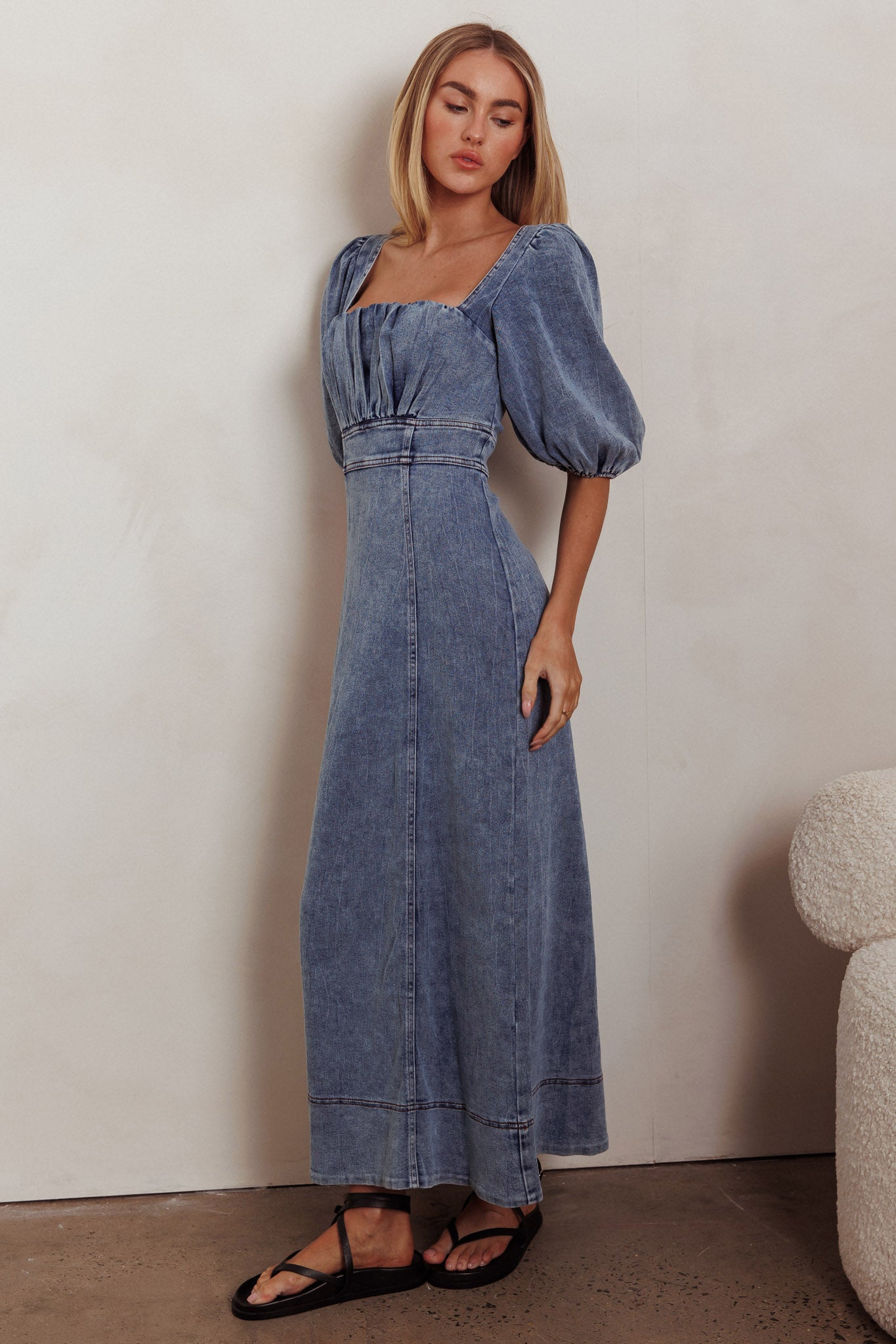 Sibille Puff Sleeve Maxi Dress Denim Blue-Maymioy