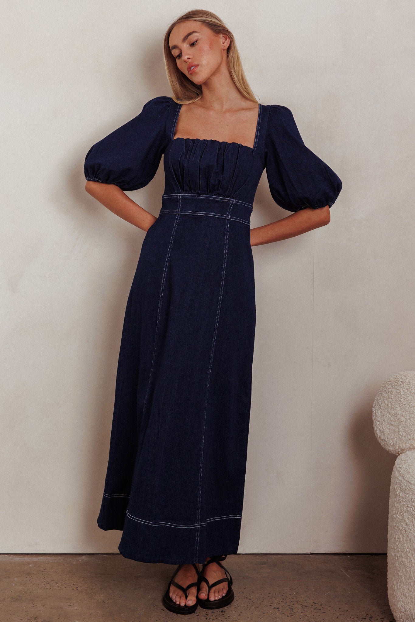 Sibille Puff Sleeve Maxi Dress Denim Indigo-Maymioy