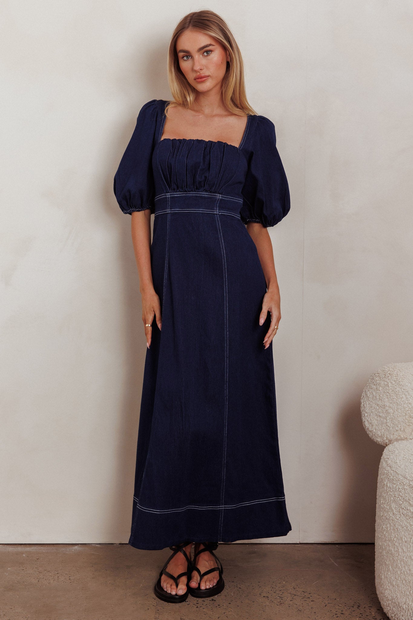 Sibille Puff Sleeve Maxi Dress Denim Indigo-Maymioy