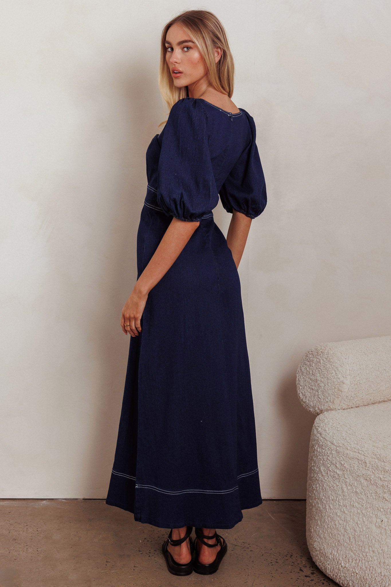Sibille Puff Sleeve Maxi Dress Denim Indigo-Maymioy