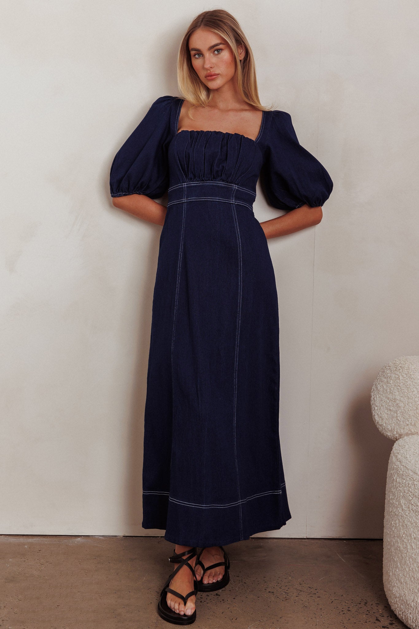 Sibille Puff Sleeve Maxi Dress Denim Indigo-Maymioy