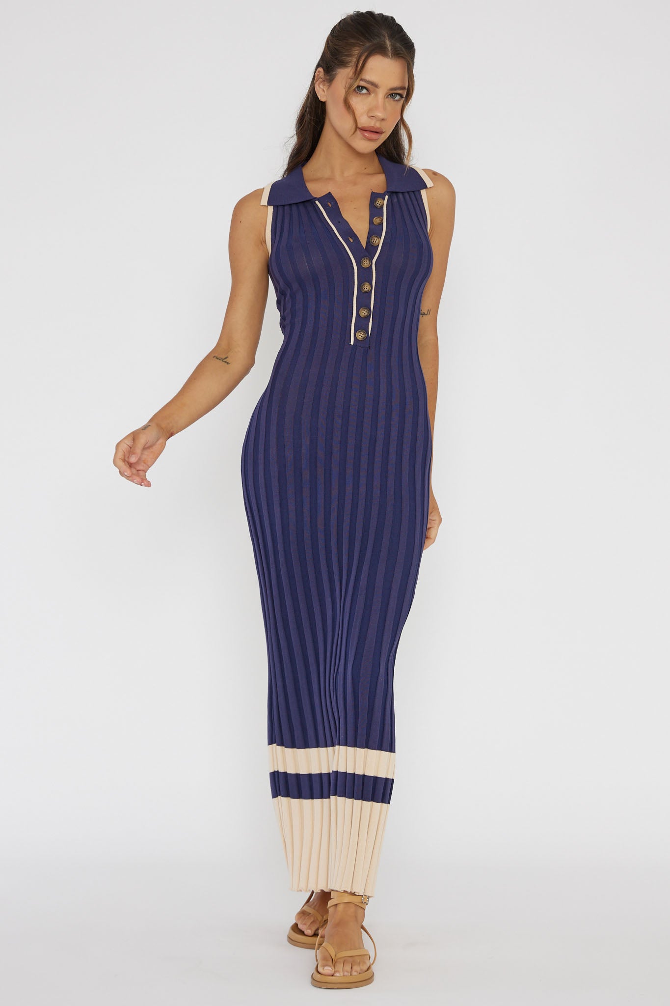 Cayla Button-Up Ribbed Knit Dress Navy-Maymioy