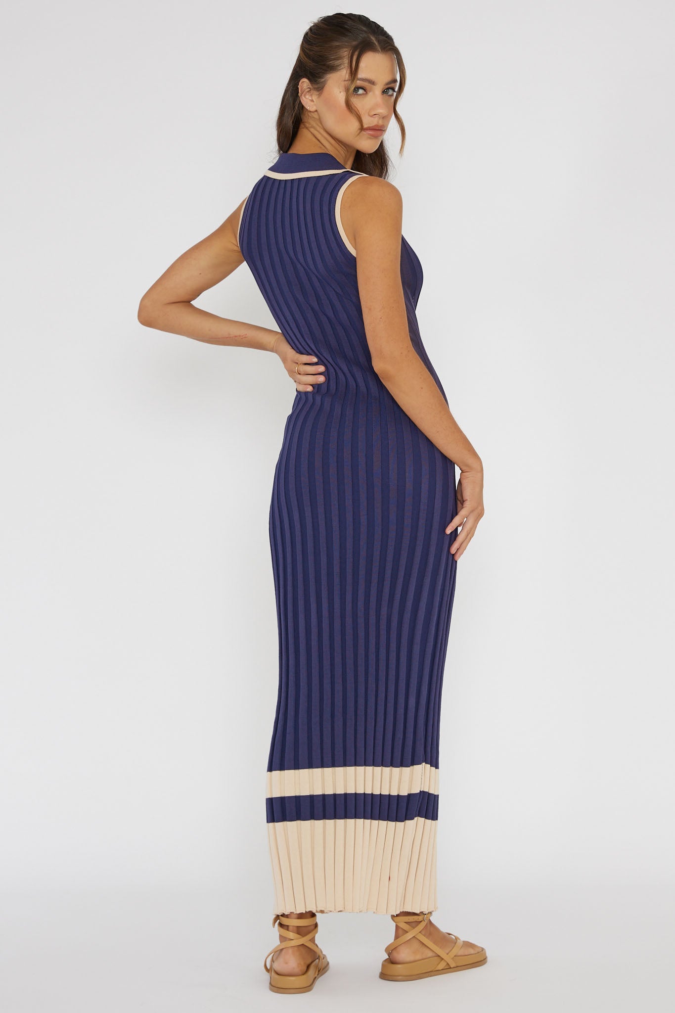 Cayla Button-Up Ribbed Knit Dress Navy-Maymioy