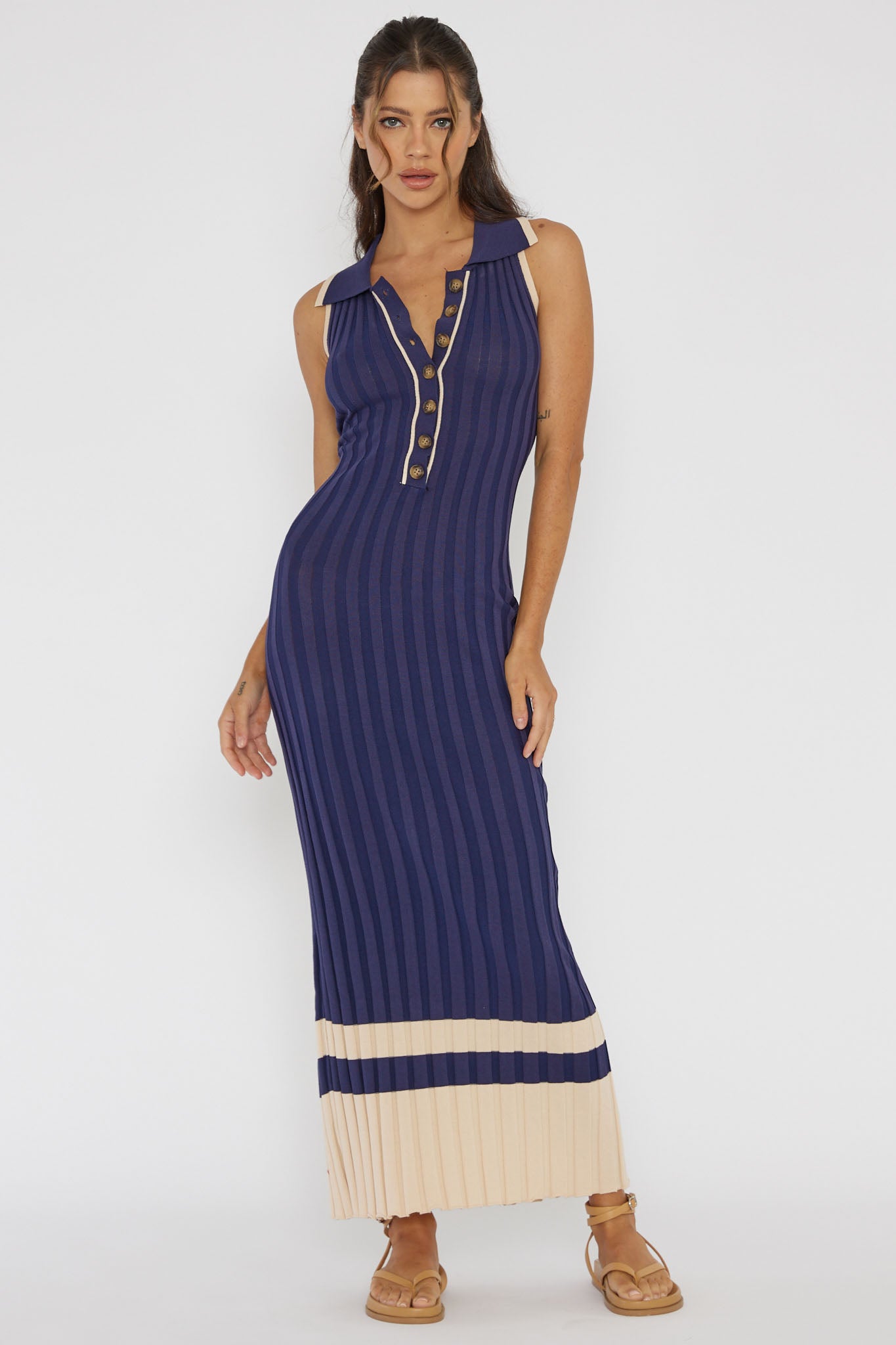 Cayla Button-Up Ribbed Knit Dress Navy-Maymioy