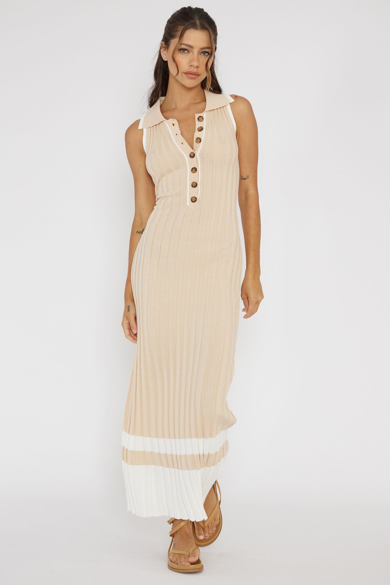Cayla Button-Up Ribbed Knit Dress Sand-Maymioy