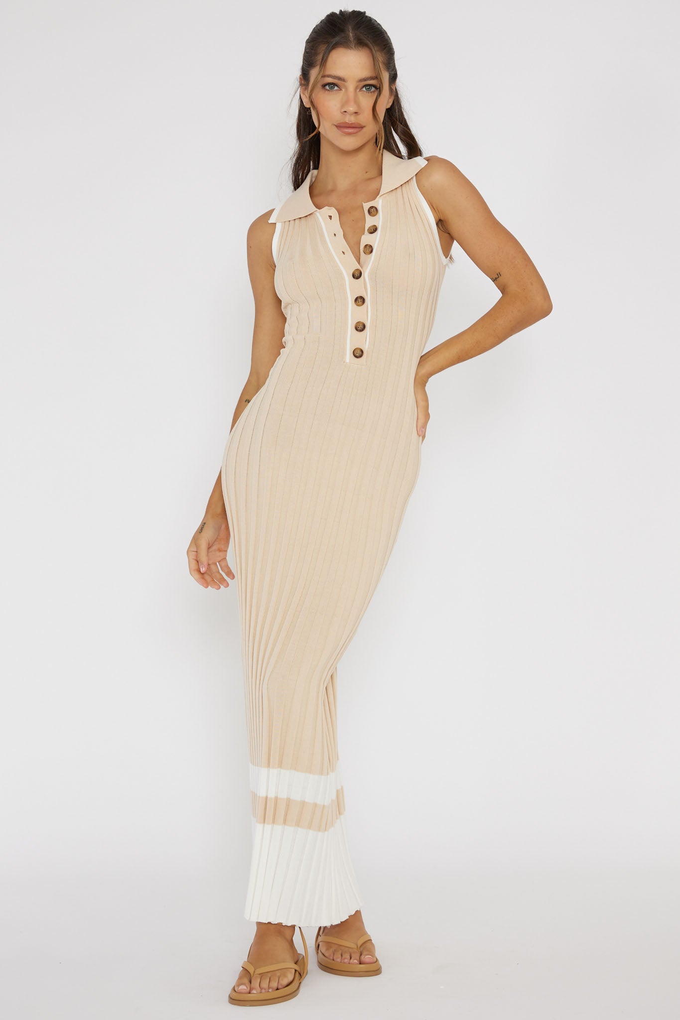 Cayla Button-Up Ribbed Knit Dress Sand-Maymioy