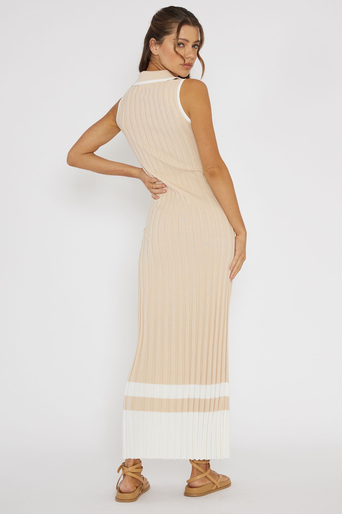 Cayla Button-Up Ribbed Knit Dress Sand-Maymioy