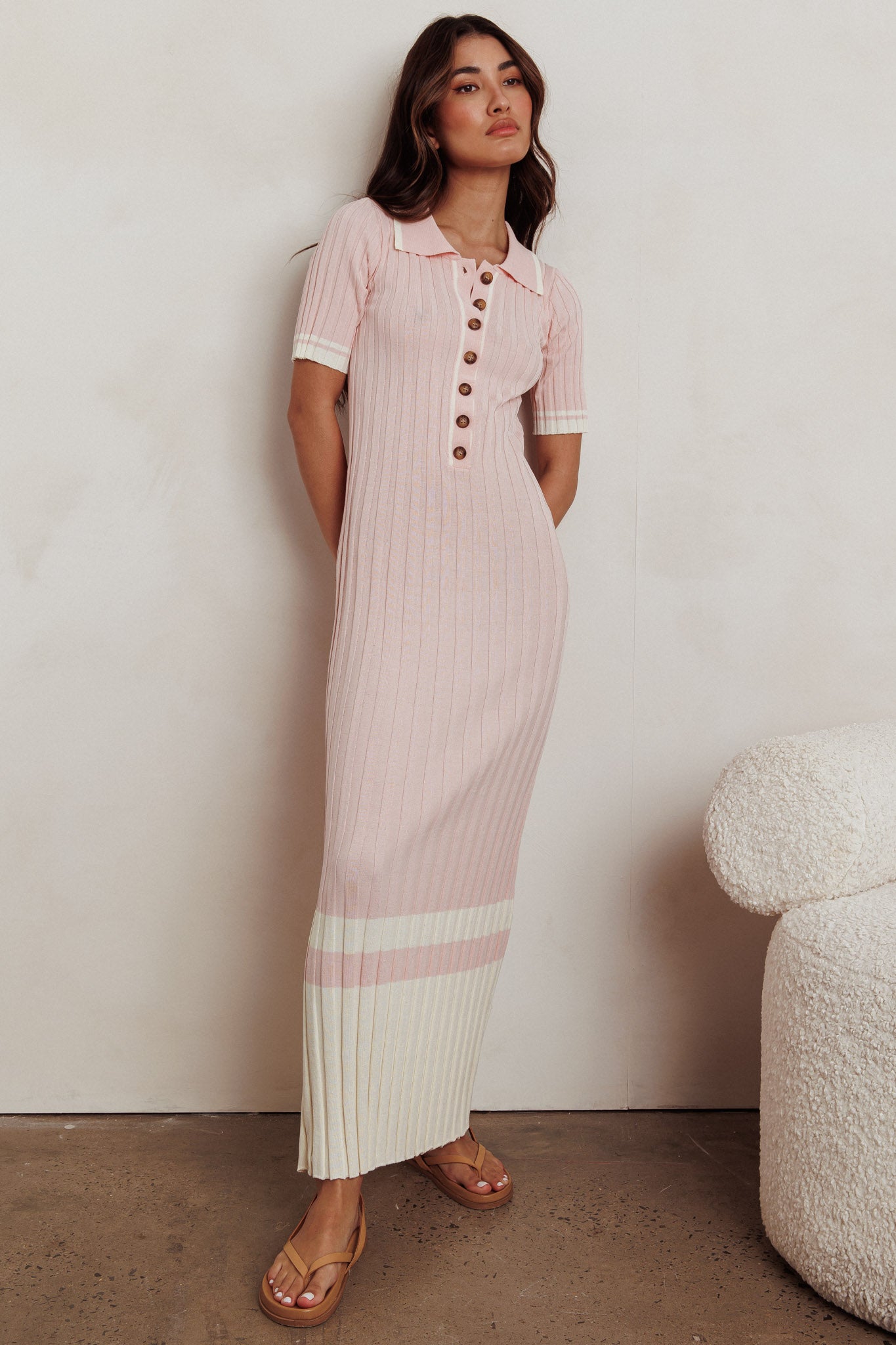 Cayla Button-Up Ribbed Knit Dress Pink-Maymioy