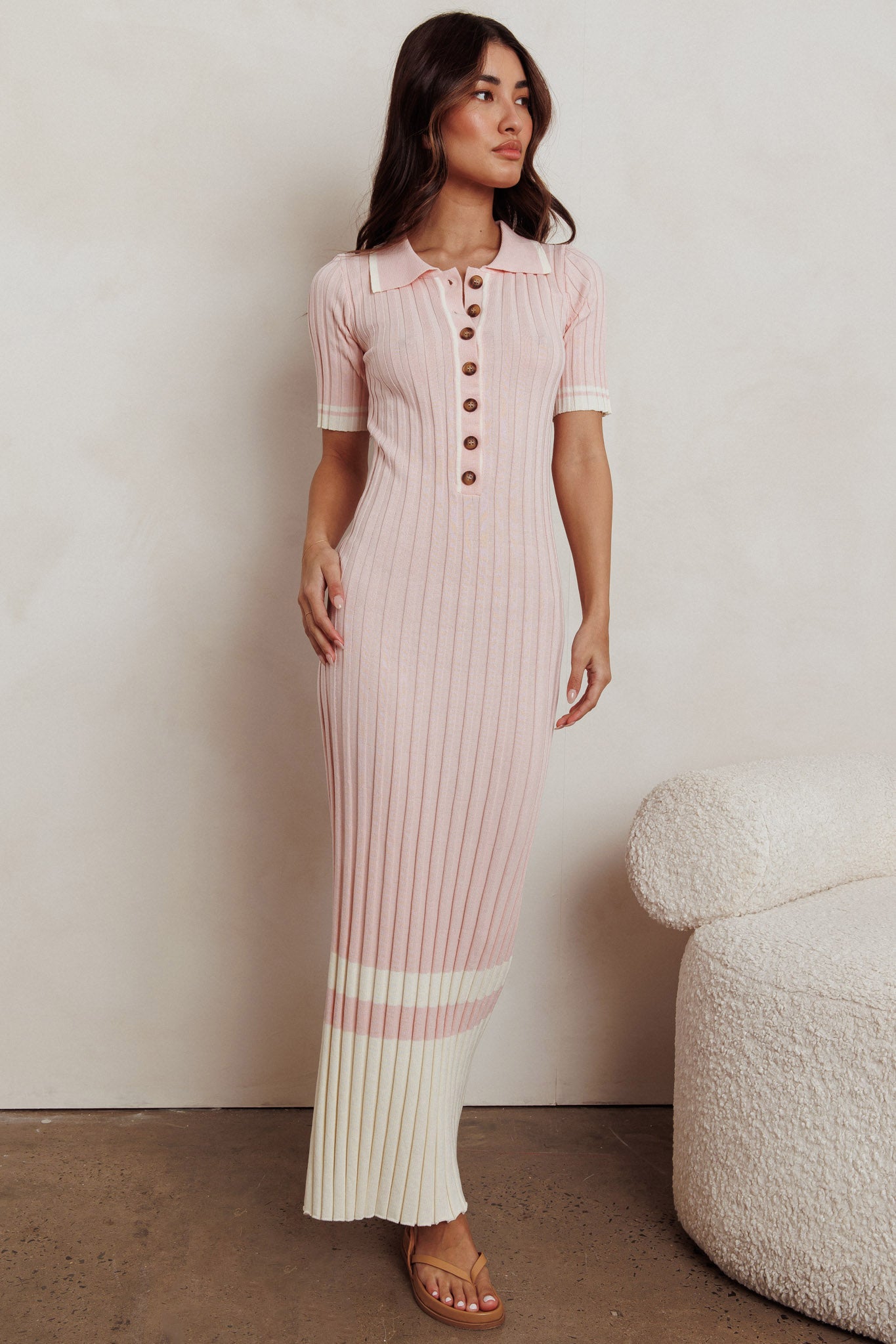 Cayla Button-Up Ribbed Knit Dress Pink-Maymioy