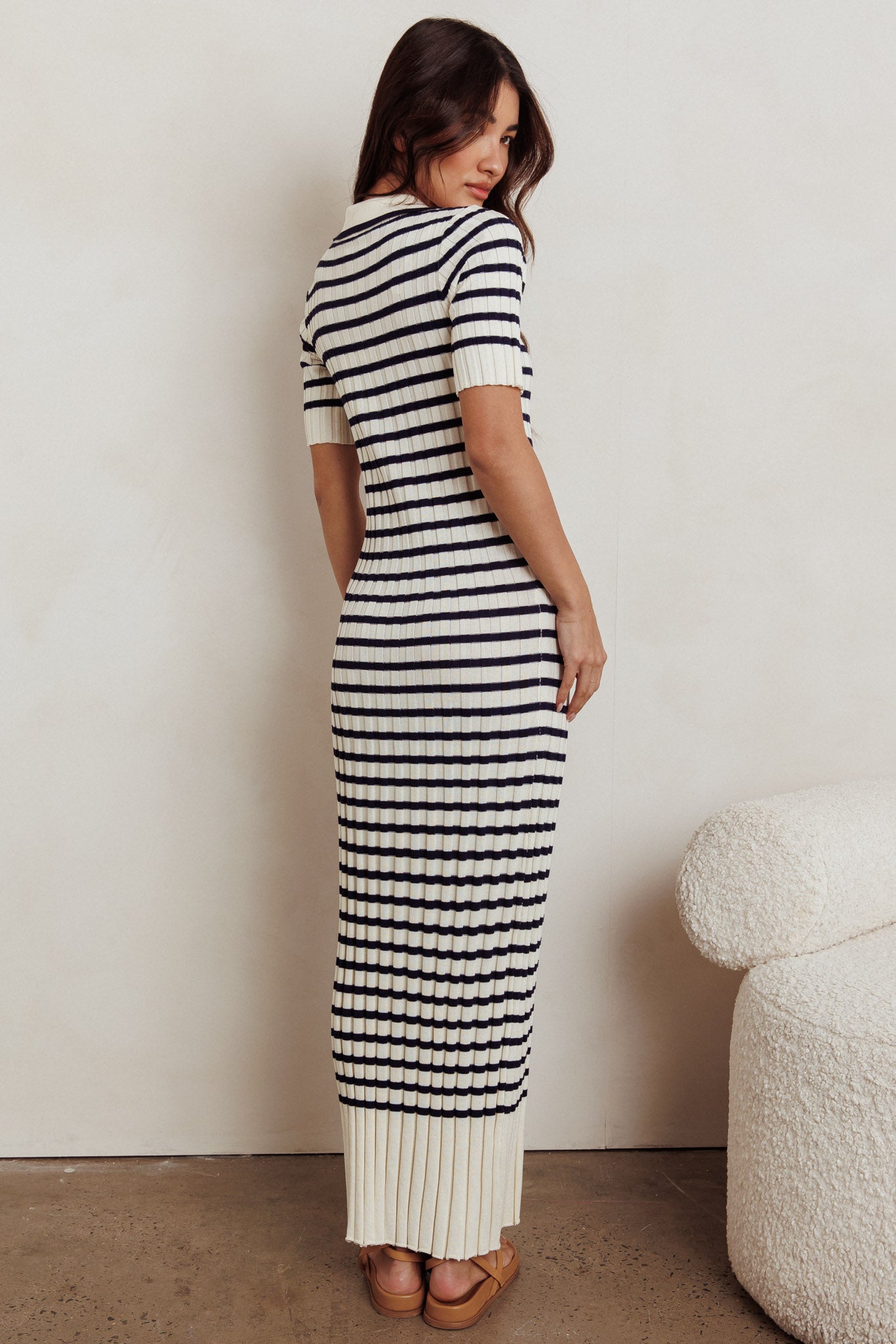 Cayla Button-Up Ribbed Knit Dress Cream Navy-Maymioy