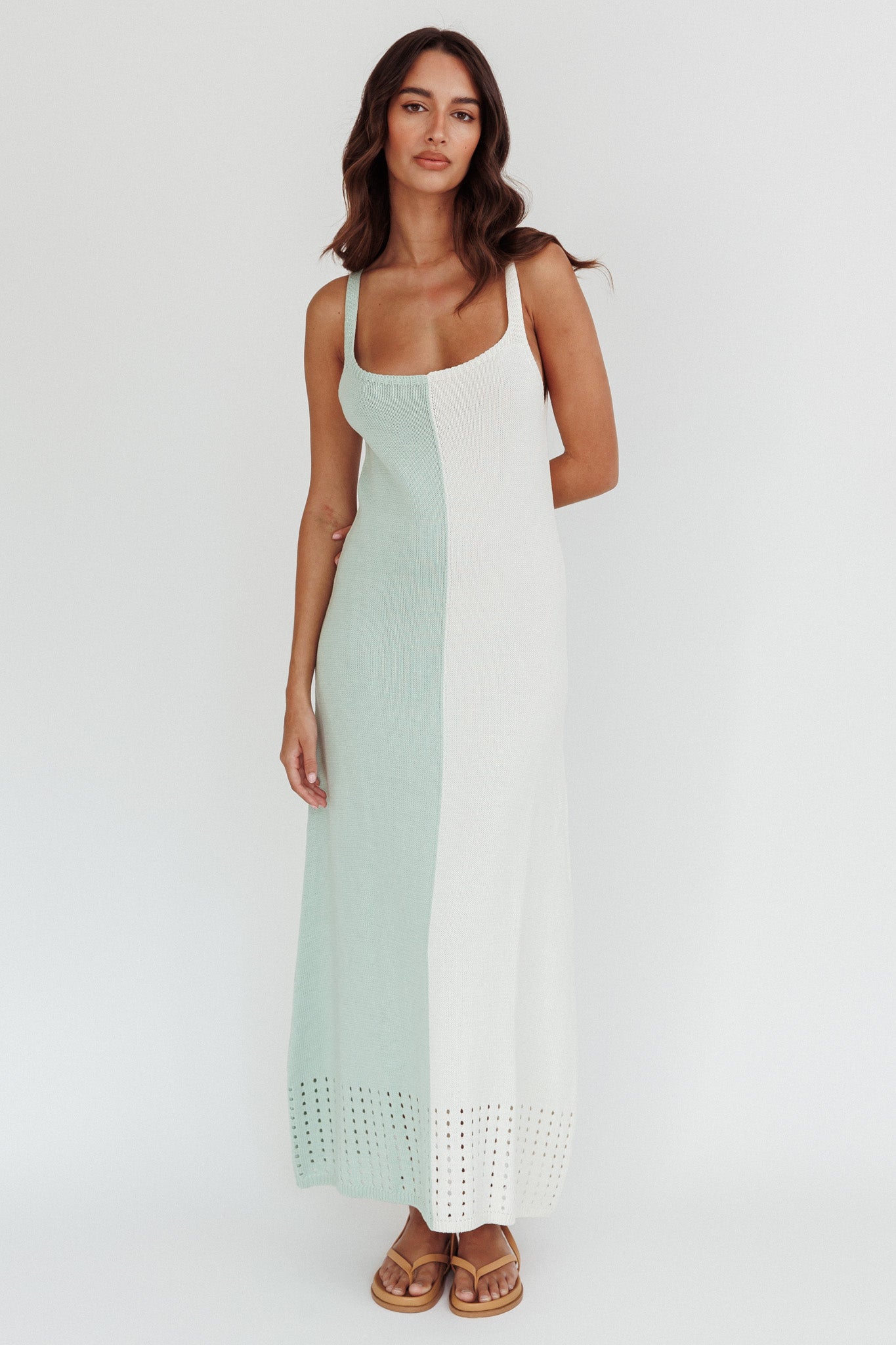 Sunday Fun Day Knit Maxi Dress Sage Cream-Maymioy