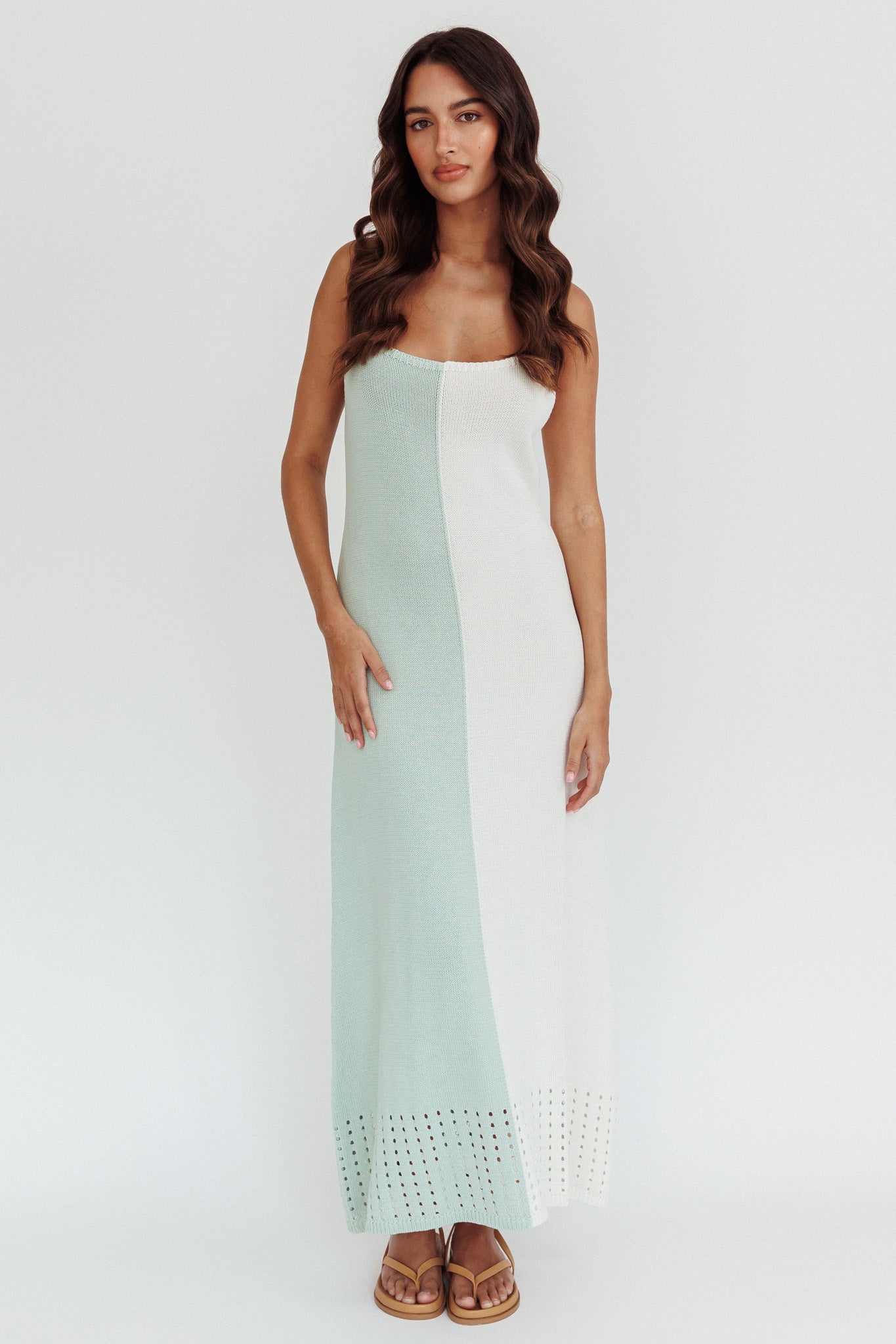 Sunday Fun Day Knit Maxi Dress Sage Cream-Maymioy