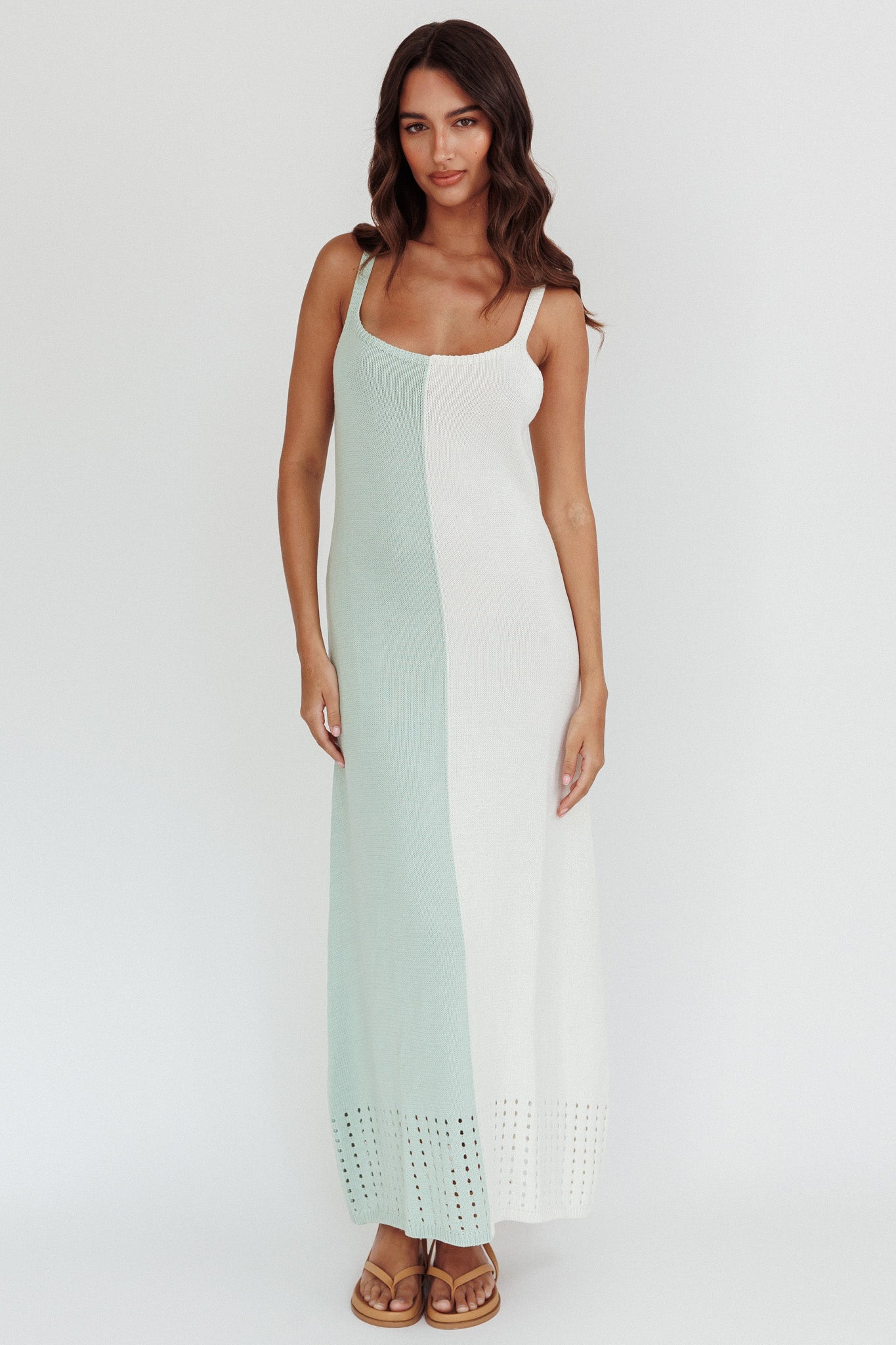 Sunday Fun Day Knit Maxi Dress Sage Cream-Maymioy