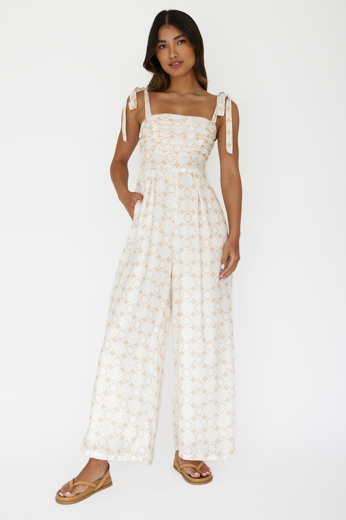 Kersty Tied Shoulder Jumpsuit Beige-Maymioy