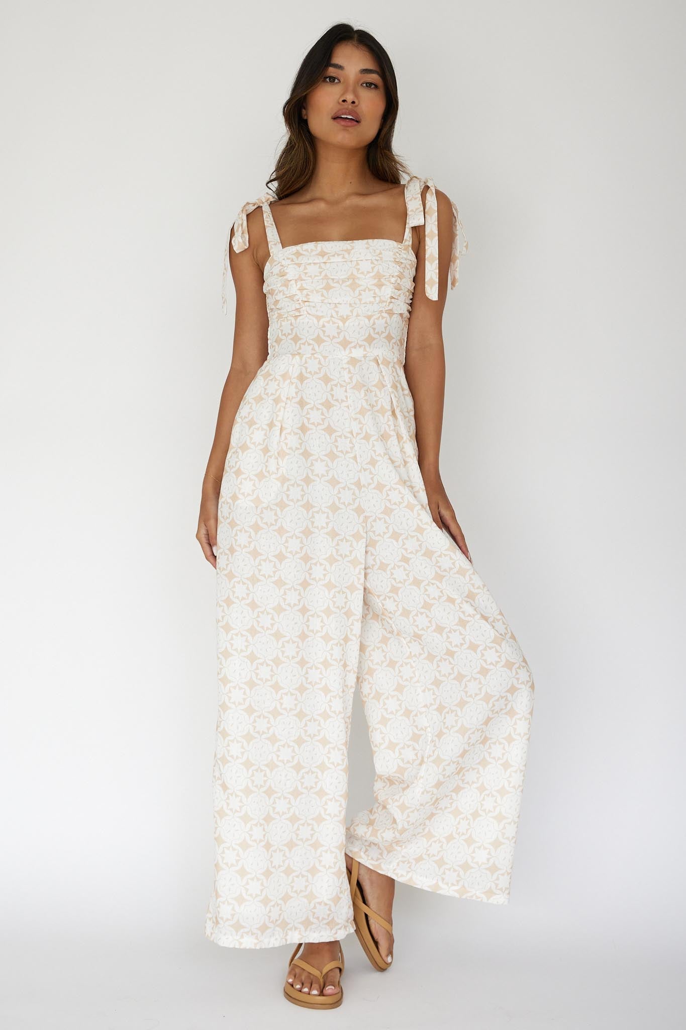 Kersty Tied Shoulder Jumpsuit Beige-Maymioy