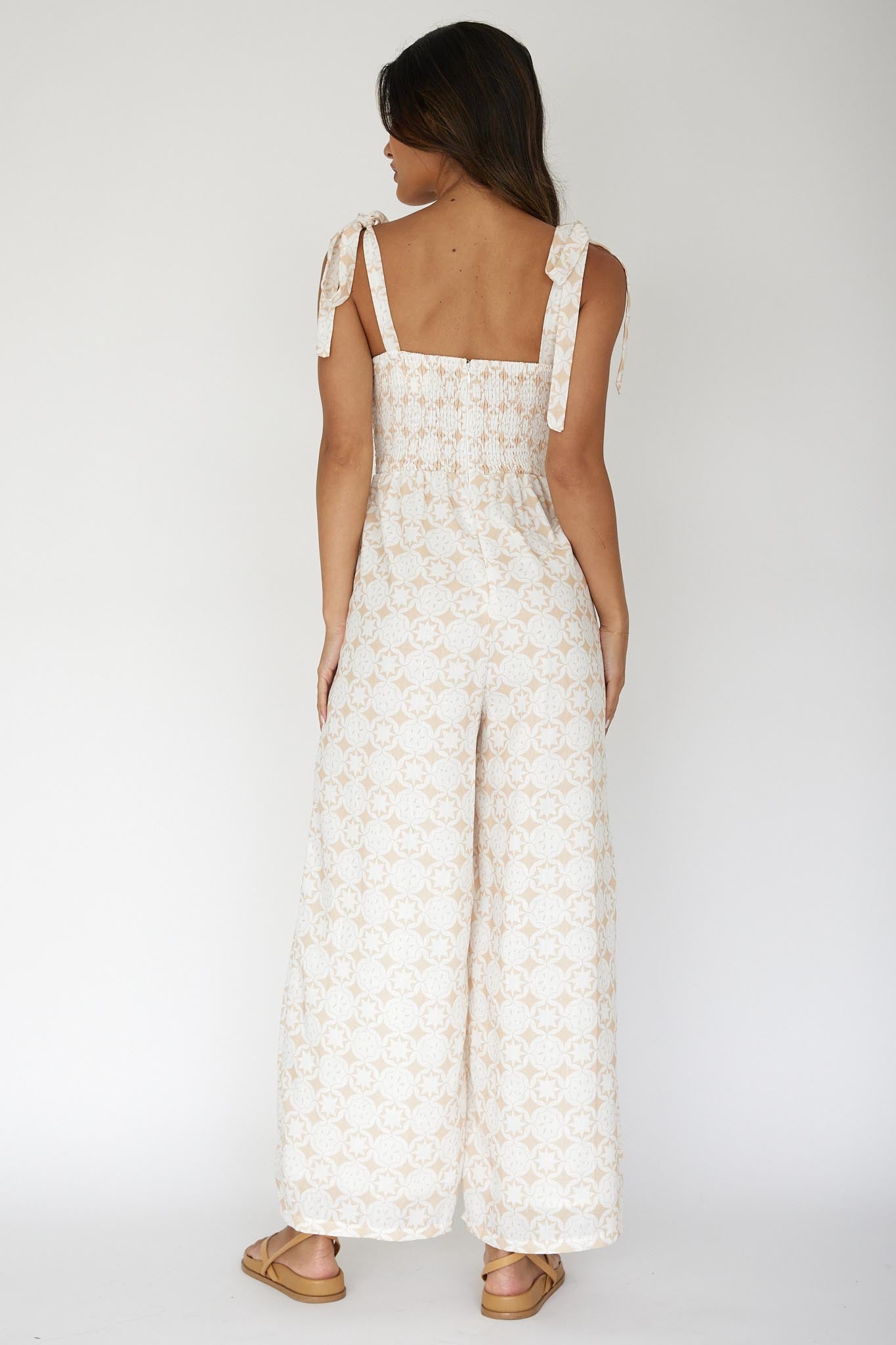 Kersty Tied Shoulder Jumpsuit Beige-Maymioy