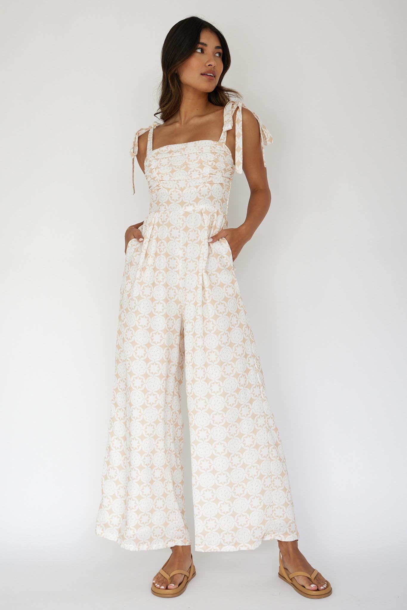 Kersty Tied Shoulder Jumpsuit Beige-Maymioy