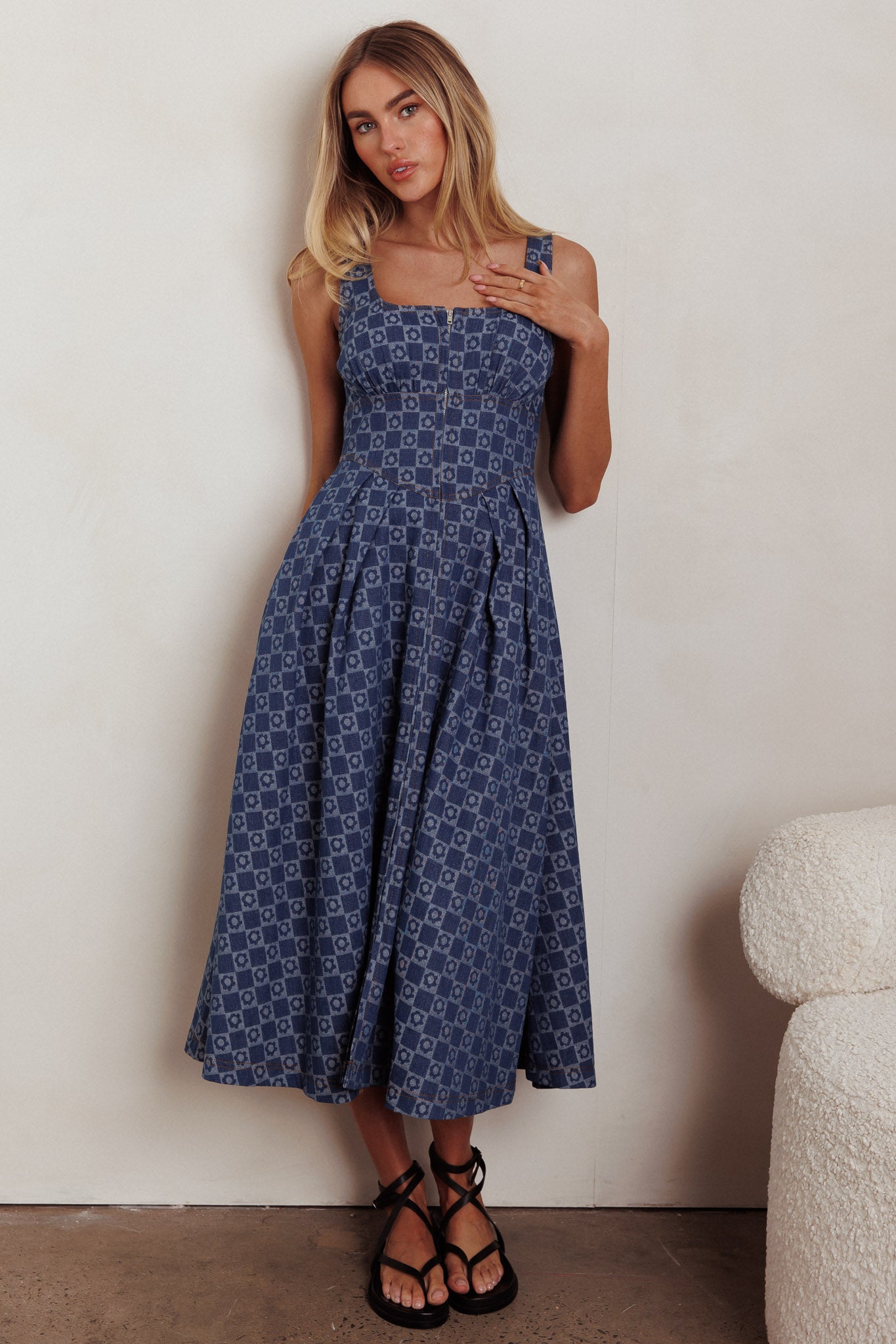 Hair Down Square Neck A-Line Midi Dress Floral Denim-Maymioy