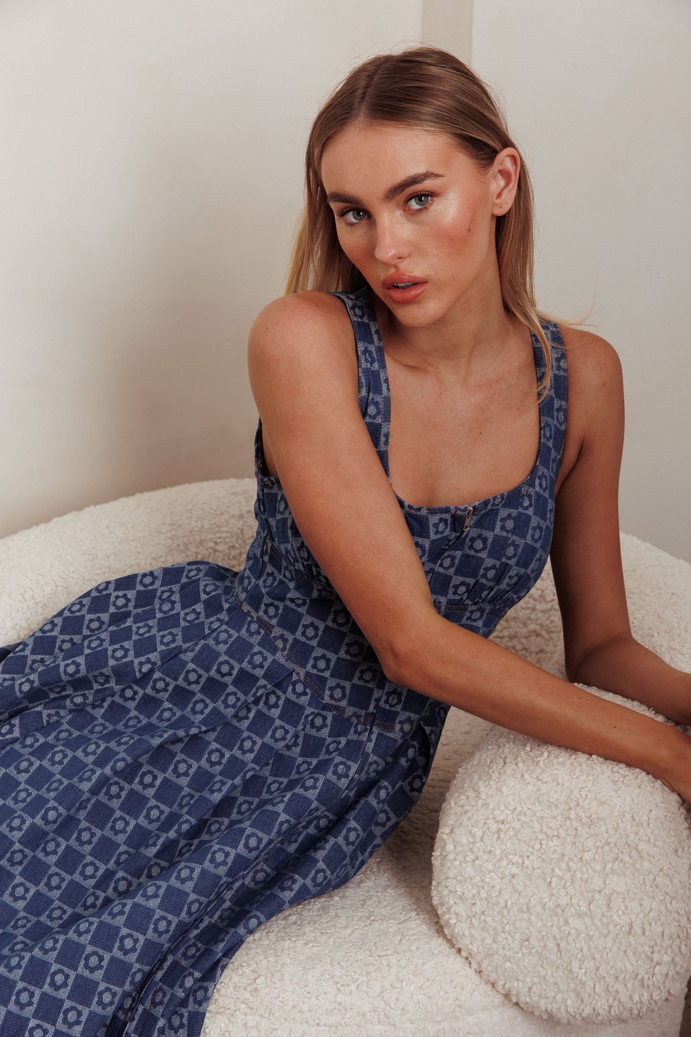 Hair Down Square Neck A-Line Midi Dress Floral Denim-Maymioy
