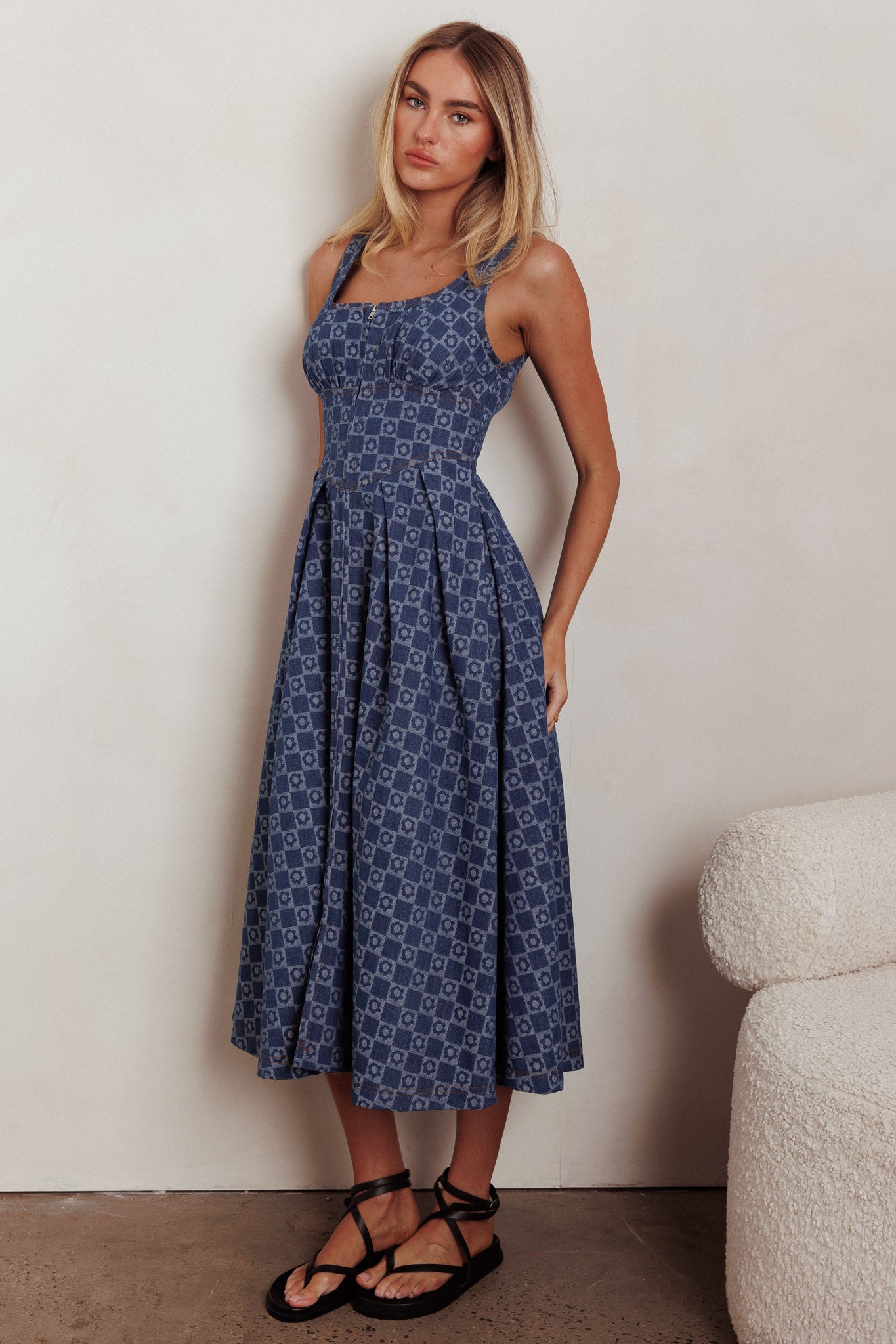 Hair Down Square Neck A-Line Midi Dress Floral Denim-Maymioy